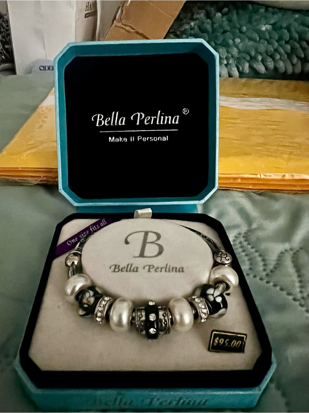 bella Perlina Silver & Black Charm Bracelet with Pearl Accents